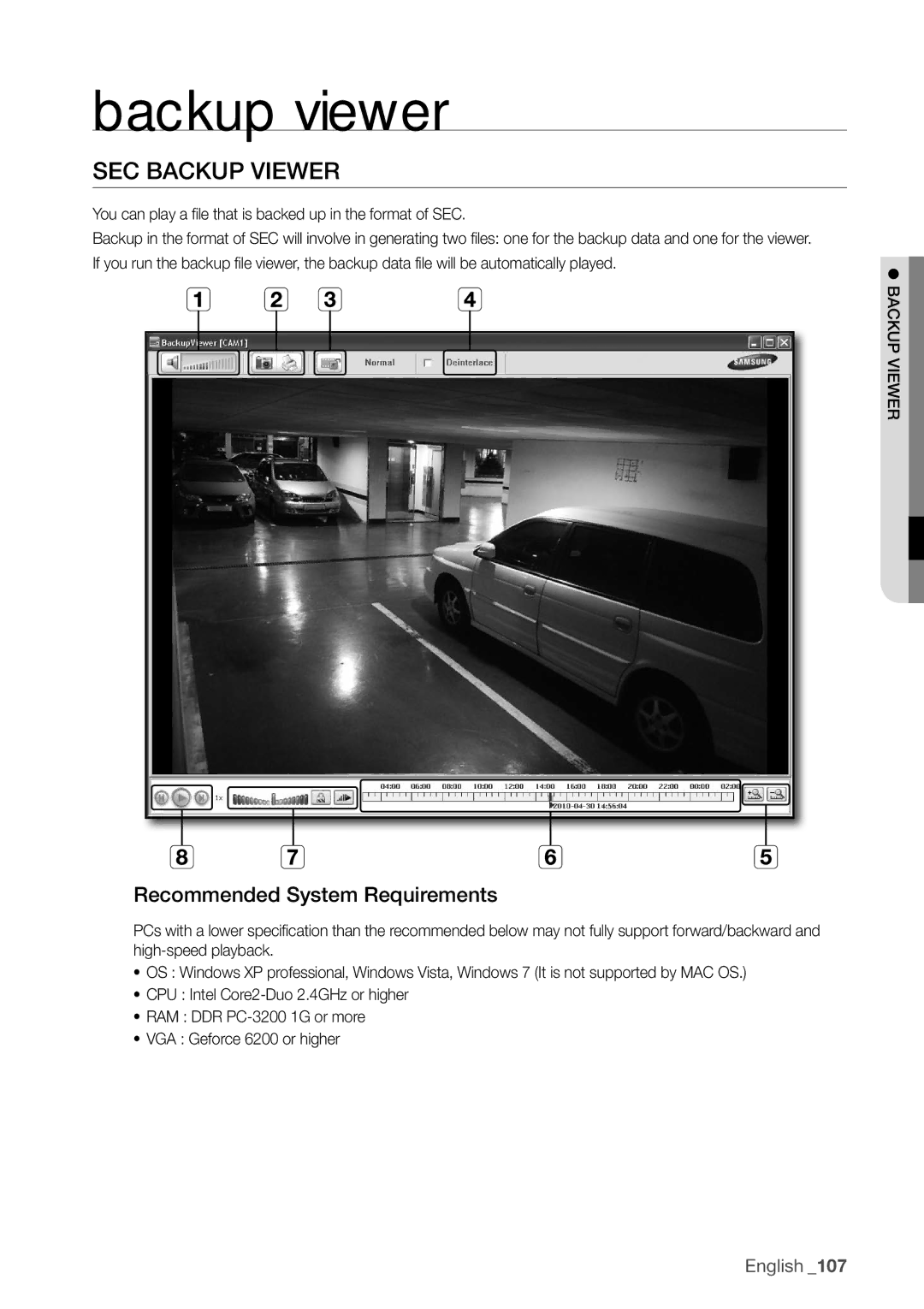 Samsung SDR3100 user manual Sec bAcKuP VIeWer, Recommended System requirements 