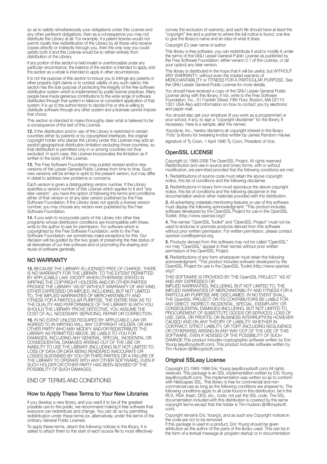 Samsung SDR3100 user manual How to Apply These Terms to Your New Libraries, OpenSSL License, Original SSLeay License 