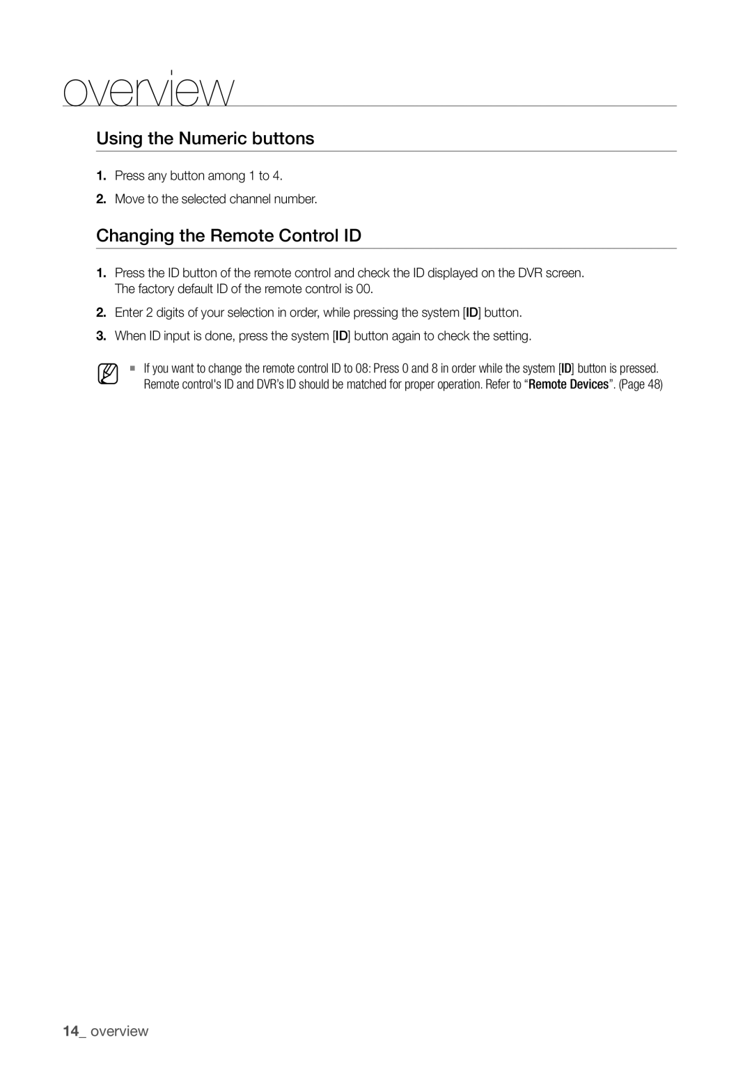 Samsung SDR3100 user manual Using the Numeric buttons, Changing the Remote Control ID 