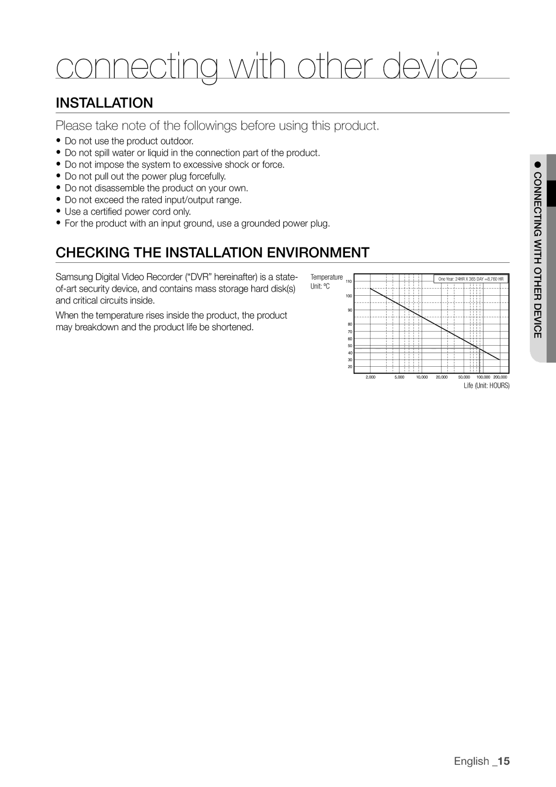 Samsung SDR3100 user manual Installation, Checking the installation environment, Yy Do not use the product outdoor 