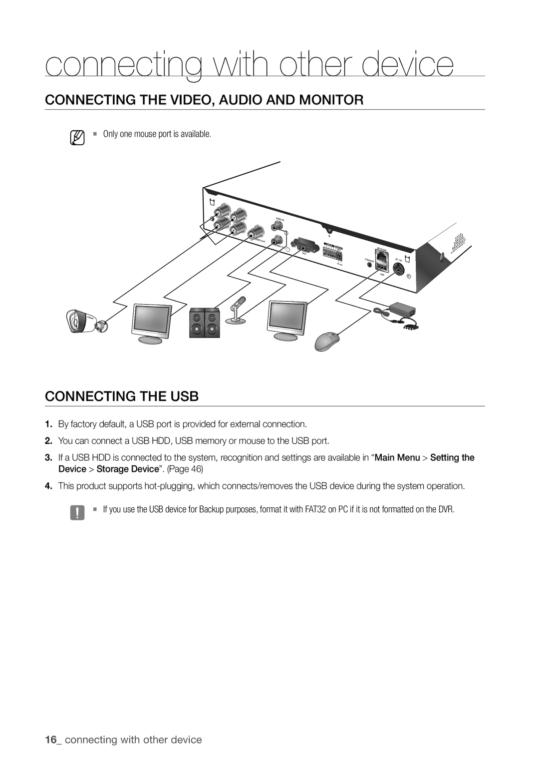 Samsung SDR3100 user manual ConneCTinG The video, Audio And moniTor, ConneCTinG The uSB, ` Only one mouse port is available 