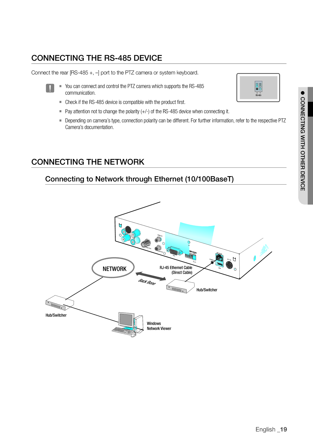 Samsung SDR3100 ConneCTinG The rS-485 deviCe, ConneCTinG The neTworK, Connecting to network through ethernet 10/100BaseT 