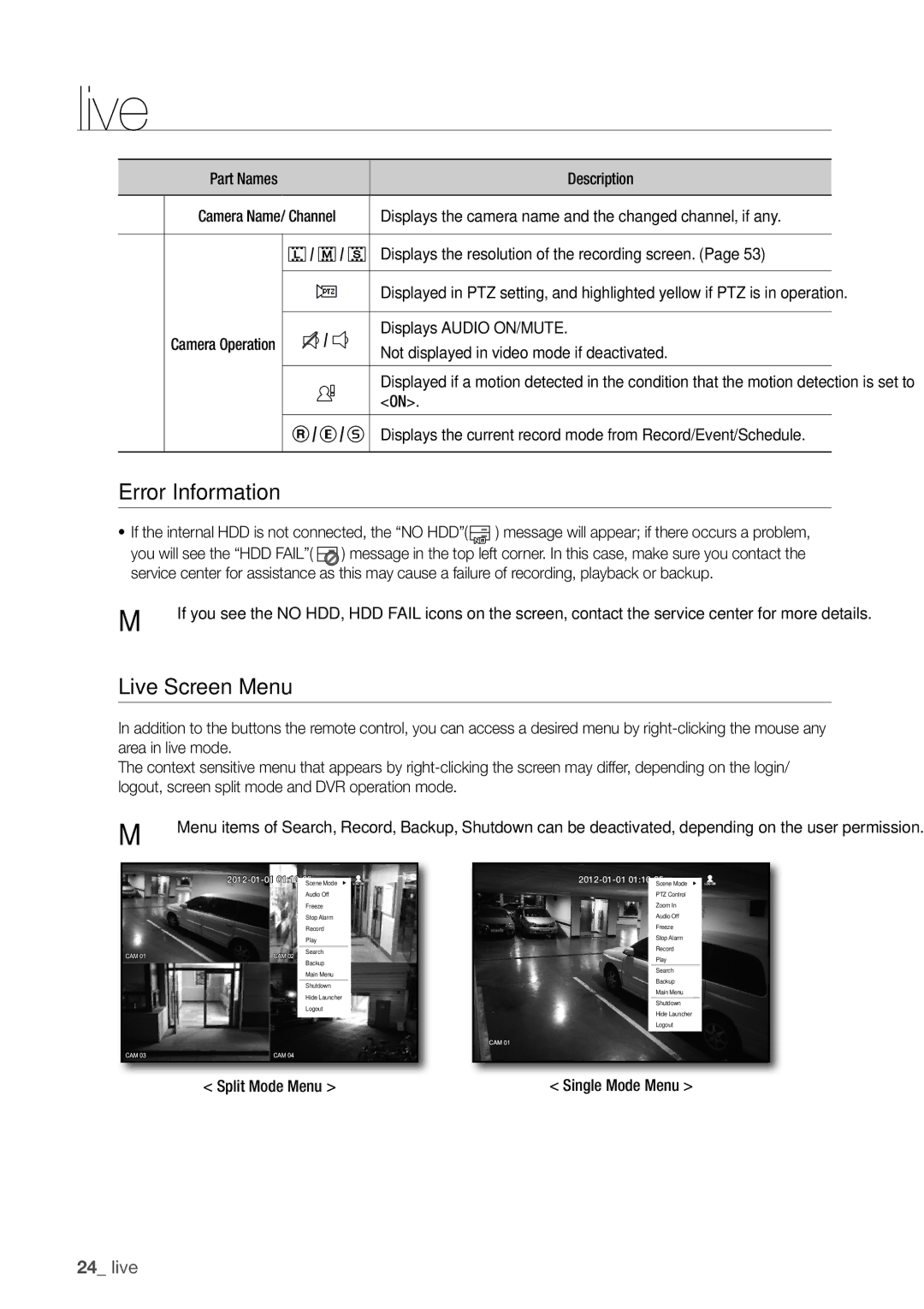 Samsung SDR3100 Error information, Live Screen menu, Displays the resolution of the recording screen, Split Mode Menu 