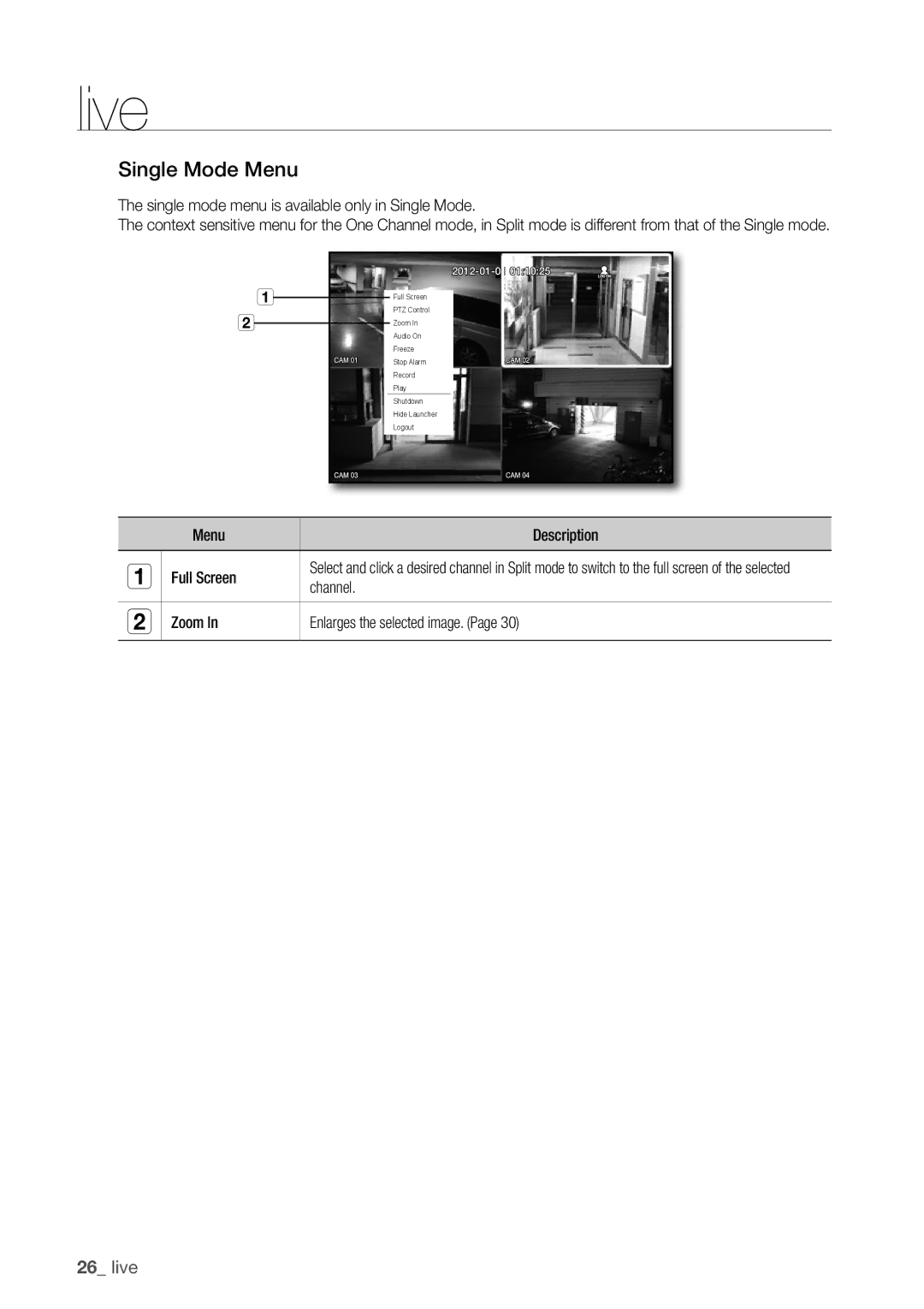 Samsung SDR3100 user manual Single mode menu is available only in Single Mode, Menu Description Full Screen, Channel 