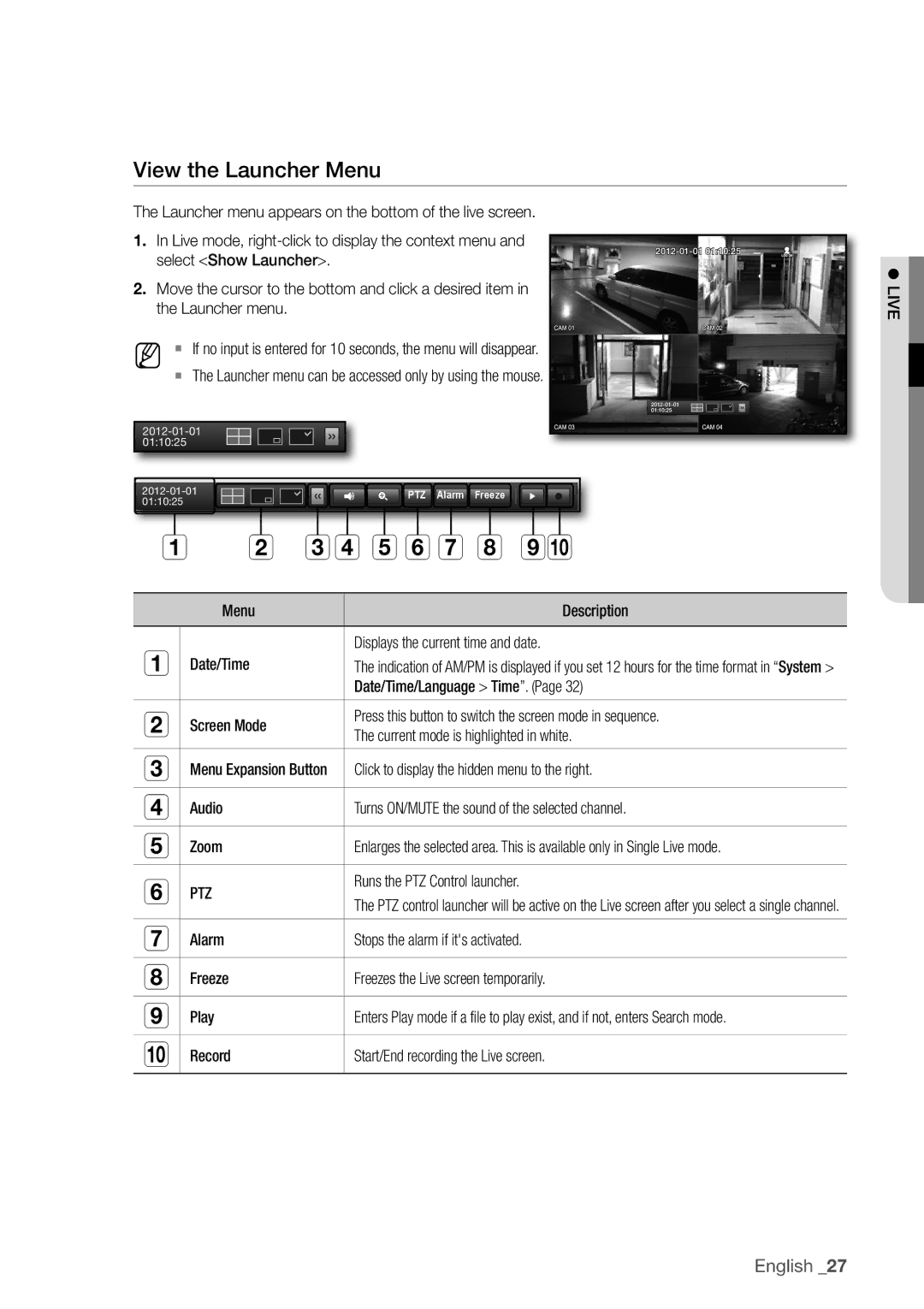 Samsung SDR3100 View the Launcher menu, Date/Time/Language Time. Screen Mode, PTZ Runs the PTZ Control launcher, Alarm 