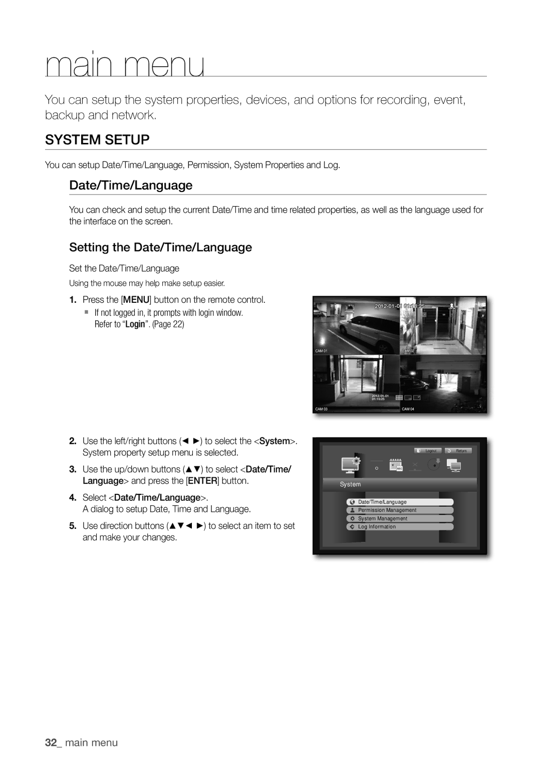 Samsung SDR3100 user manual SYSTem SeTuP, Setting the Date/Time/Language, Set the Date/Time/Language 