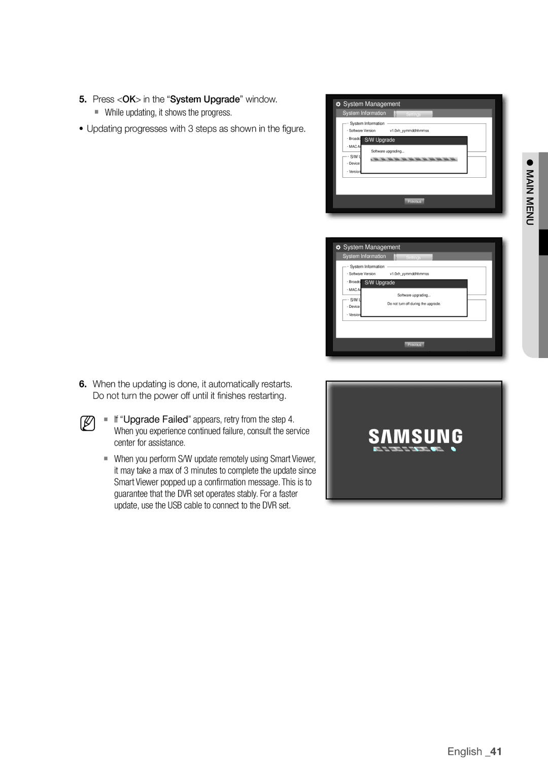 Samsung SDR3100 user manual Center for assistance, Updating progresses with 3 steps as shown in the figure 