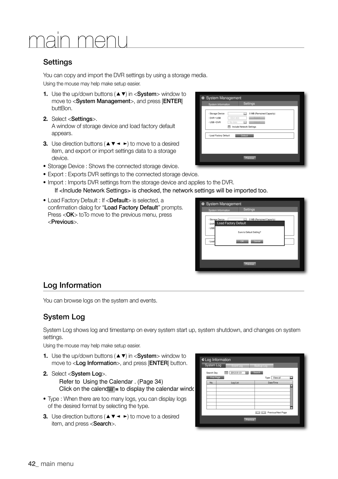 Samsung SDR3100 user manual Log information, Settings, System Log 