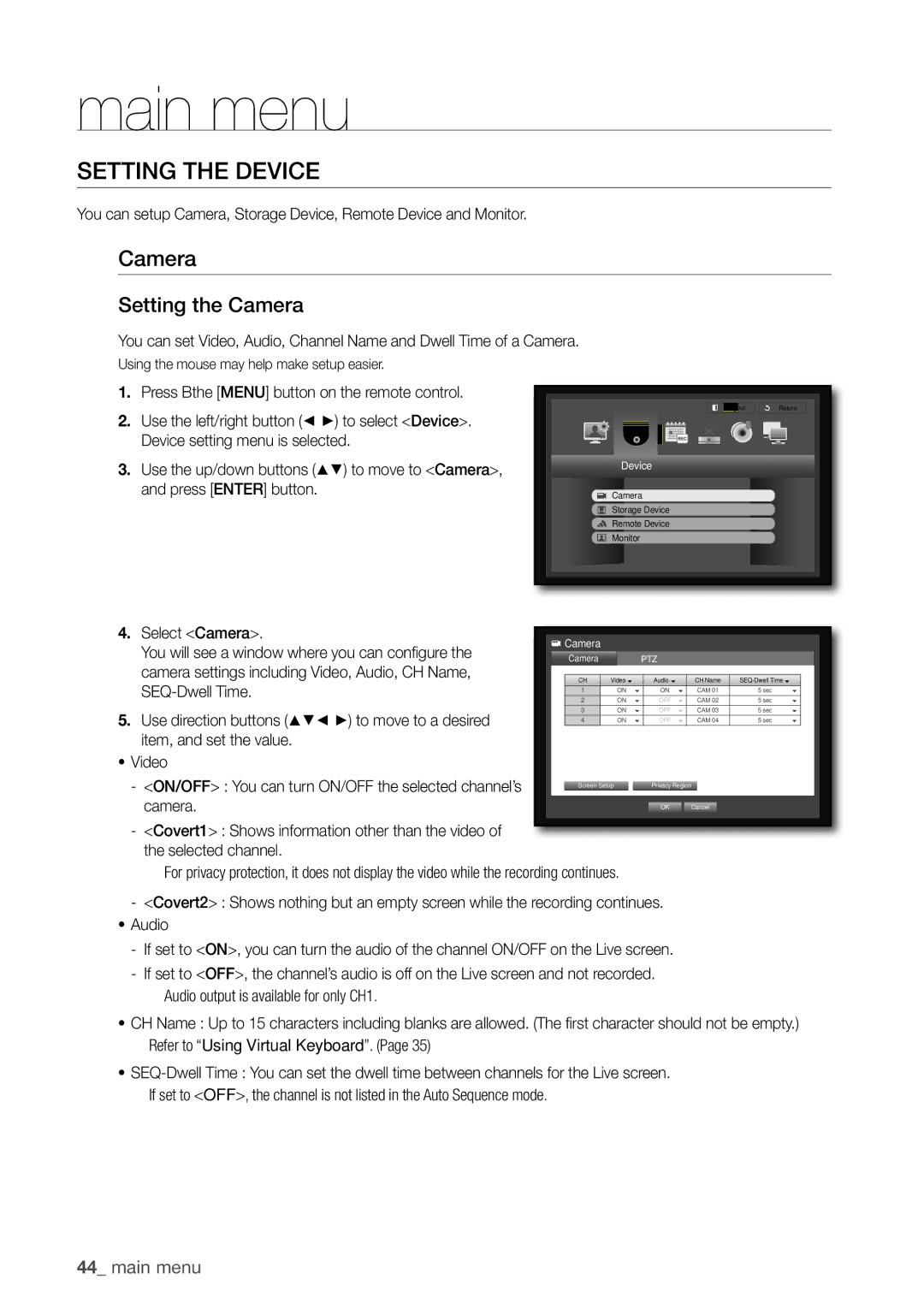 Samsung SDR3100 user manual SeTTinG THe DeViCe, Setting the Camera, Device 