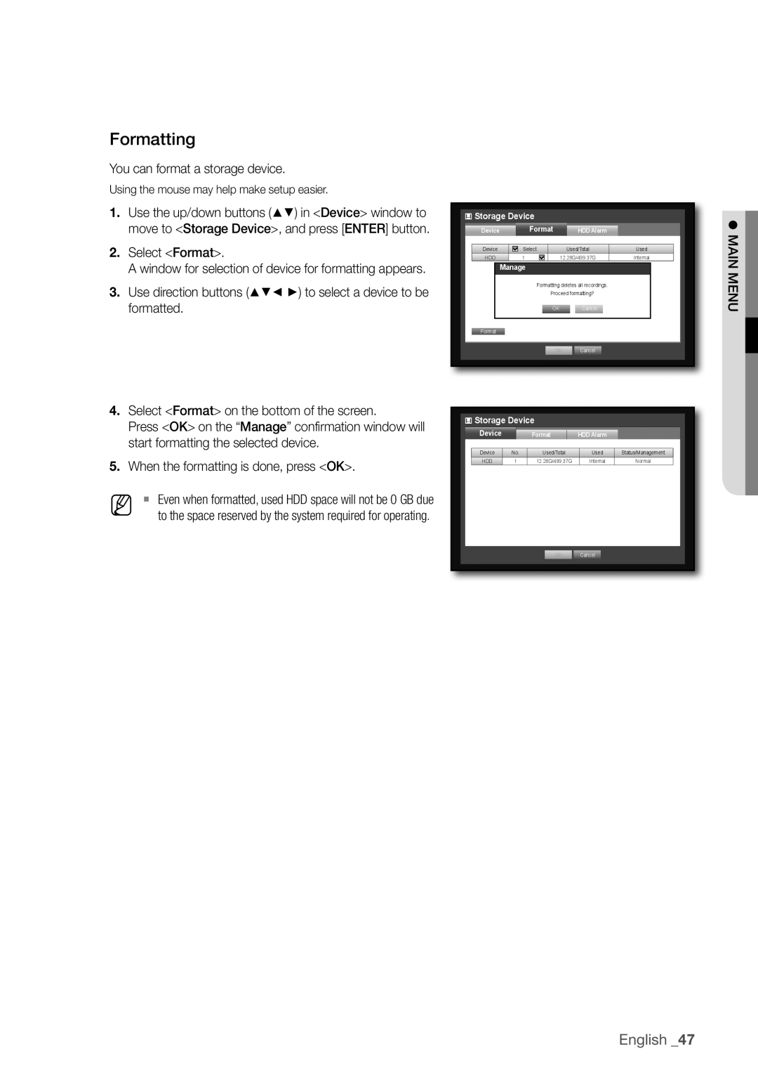 Samsung SDR3100 user manual Formatting, You can format a storage device, Select Format 