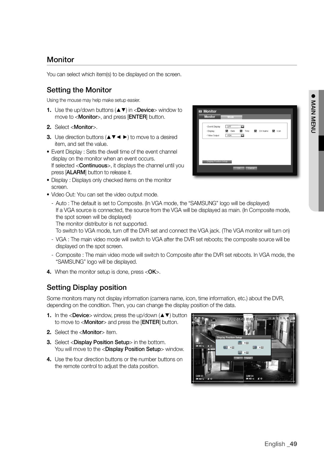 Samsung SDR3100 user manual Monitor, Setting the monitor, Setting Display position 