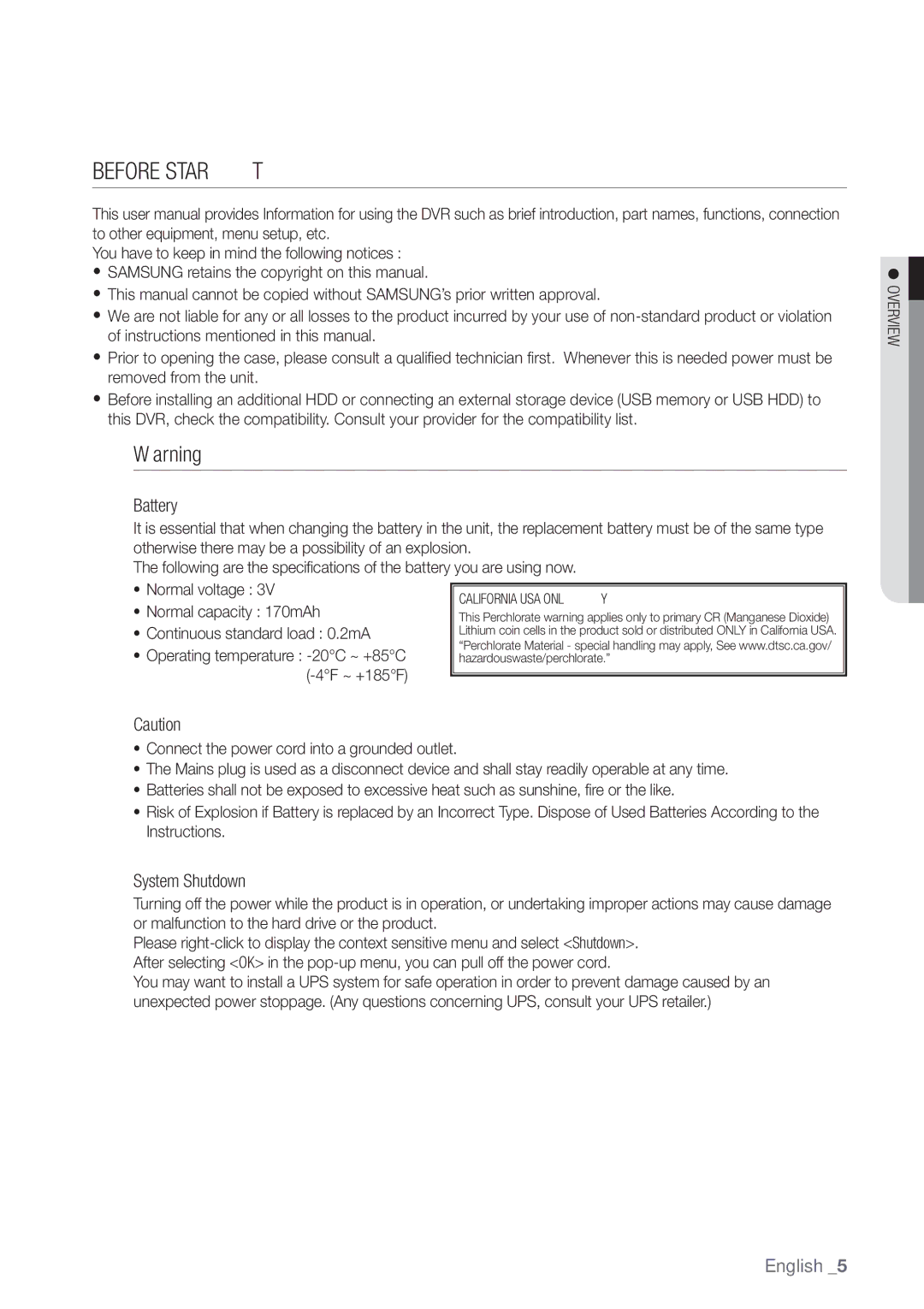 Samsung SDR3100 user manual Before Start, Battery 