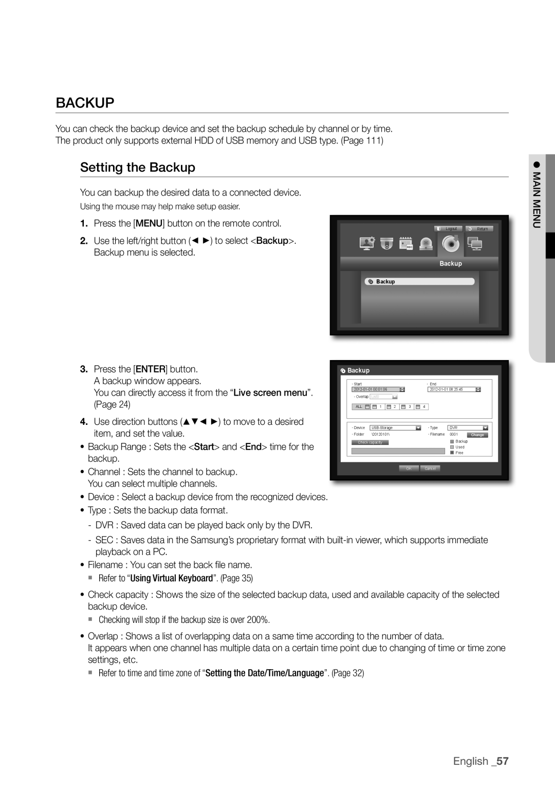 Samsung SDR3100 user manual BaCKuP, Setting the Backup, You can backup the desired data to a connected device 