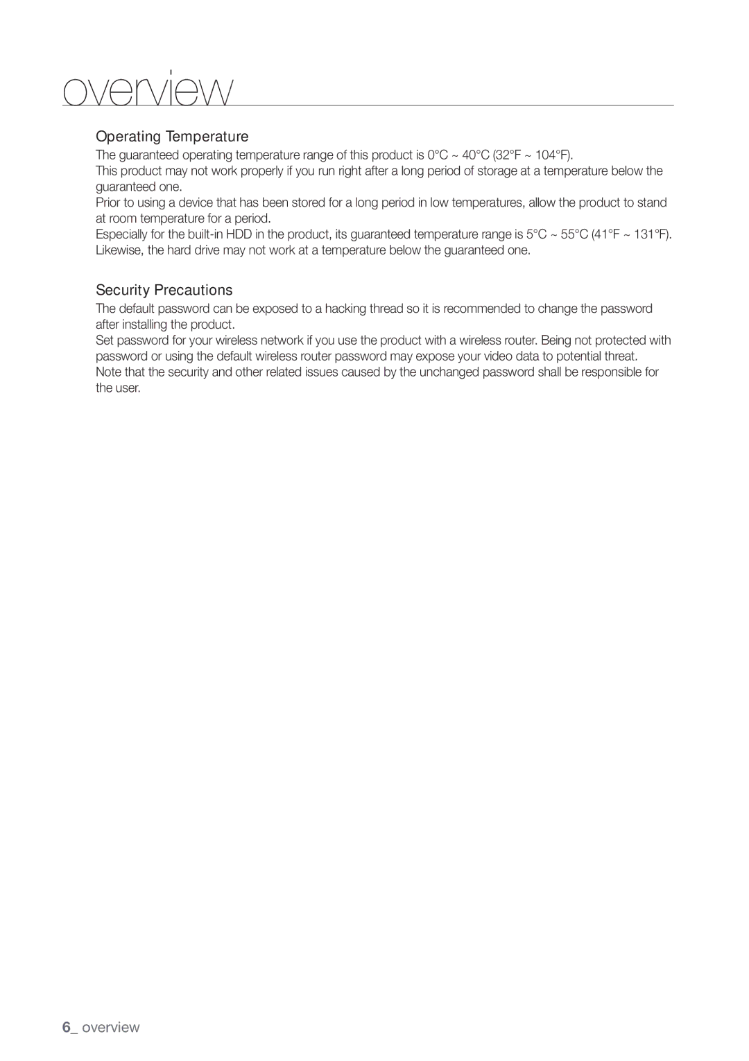 Samsung SDR3100 user manual Operating Temperature 