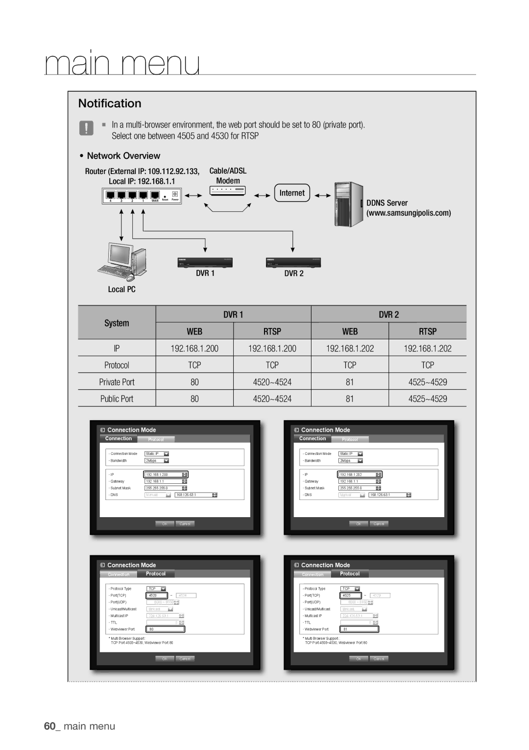 Samsung SDR3100 user manual Notification, Select one between 4505 and 4530 for Rtsp, Network Overview, Dvr 