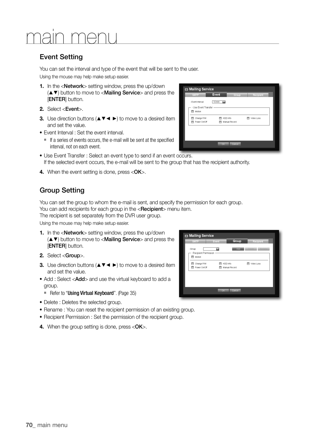 Samsung SDR3100 user manual Event Setting, Group Setting, $% button to move to mailing Service and press 