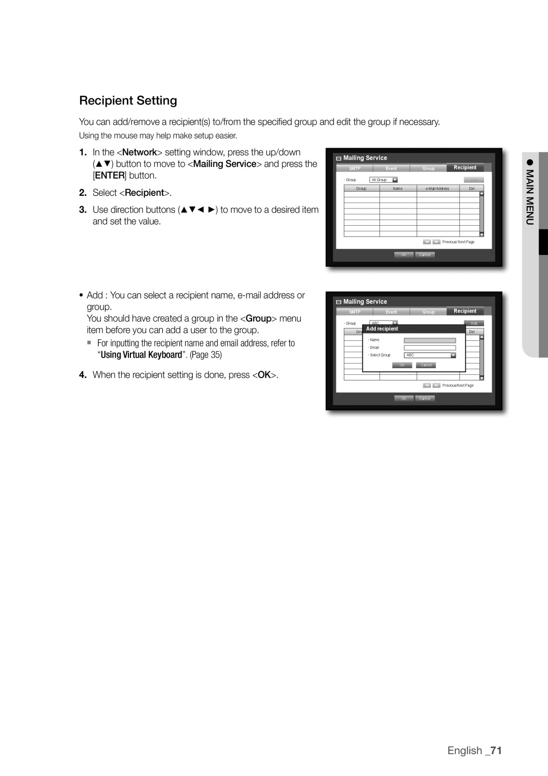 Samsung SDR3100 user manual Recipient Setting, When the recipient setting is done, press OK 