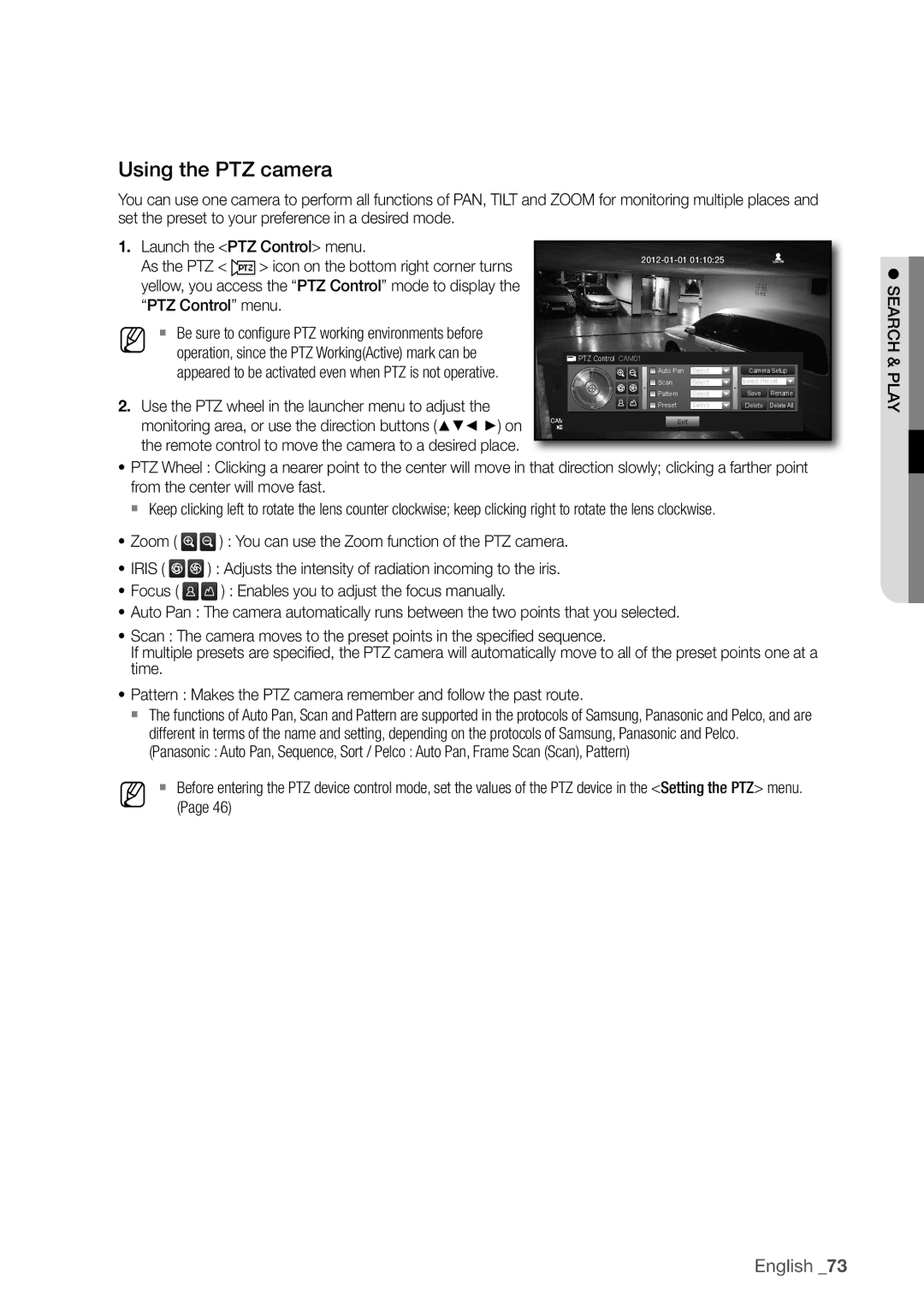 Samsung SDR3100 user manual Using the PTZ camera, Use the PTZ wheel in the launcher menu to adjust 