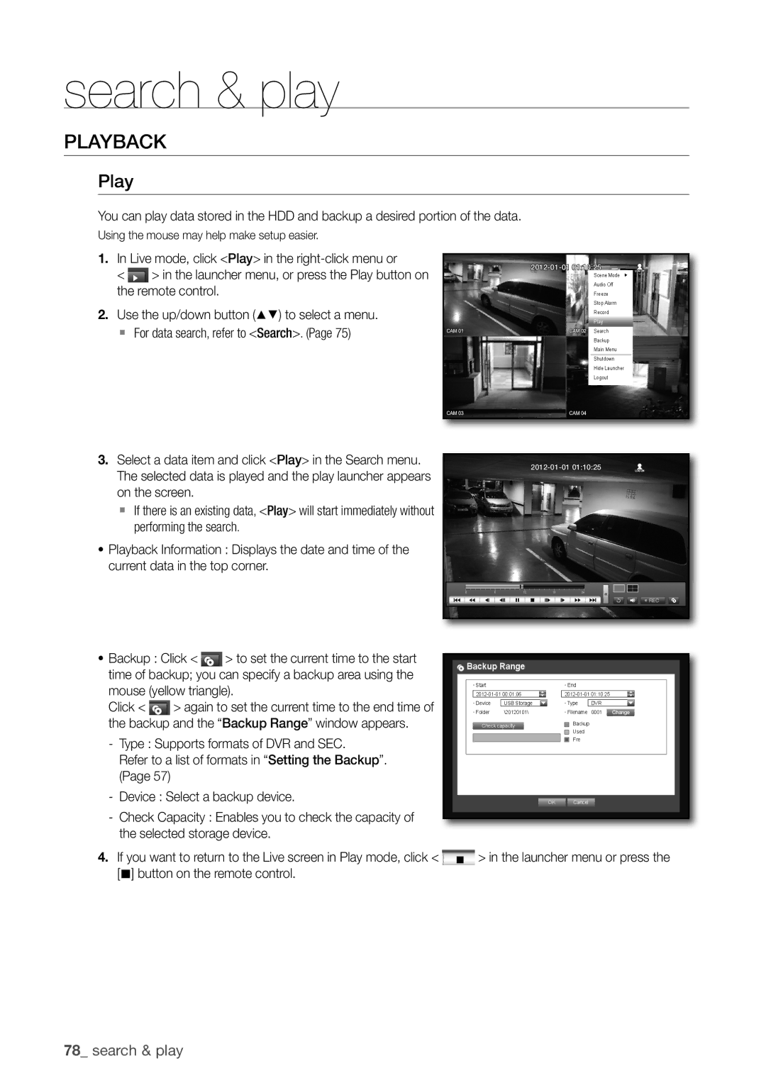 Samsung SDR3100 user manual PLaYBaCK, Play, @ button on the remote control, Backup Range 