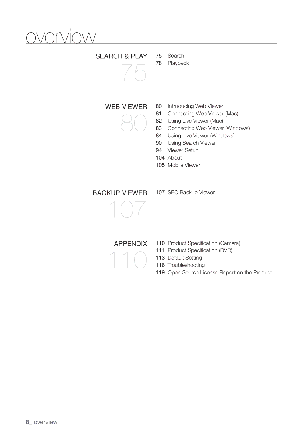 Samsung SDR3100 user manual Search & play Web viewer, Backup viewer, Appendix, SEC Backup Viewer, Product Specification DVR 