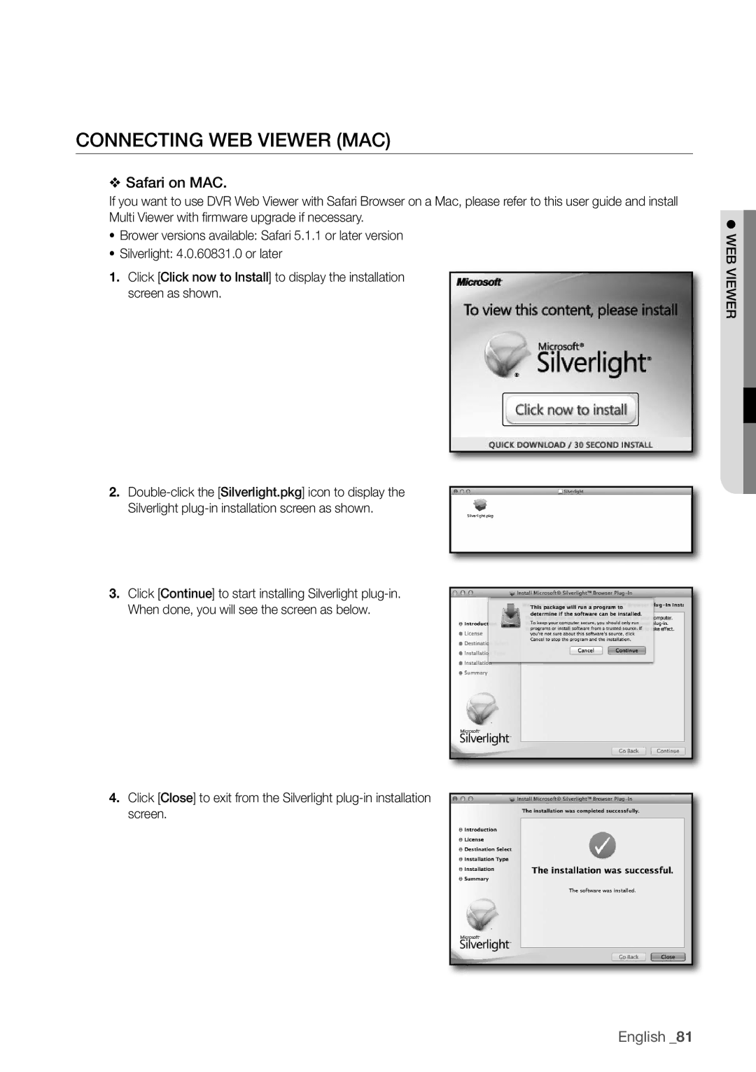 Samsung SDR3100 user manual ConnectIng Web VIeWer MAc, Safari on MAc 