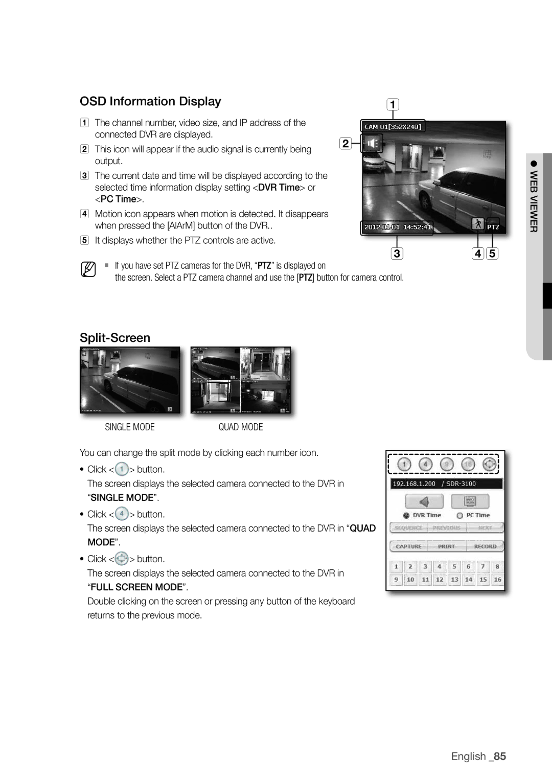 Samsung SDR3100 user manual OSd Information display, Split-Screen, Single Mode 