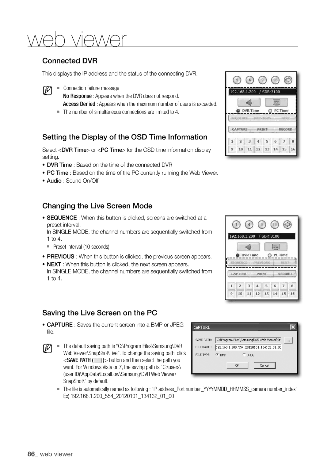 Samsung SDR3100 user manual Connected dVr, Setting the display of the oSd time Information, Changing the live Screen Mode 