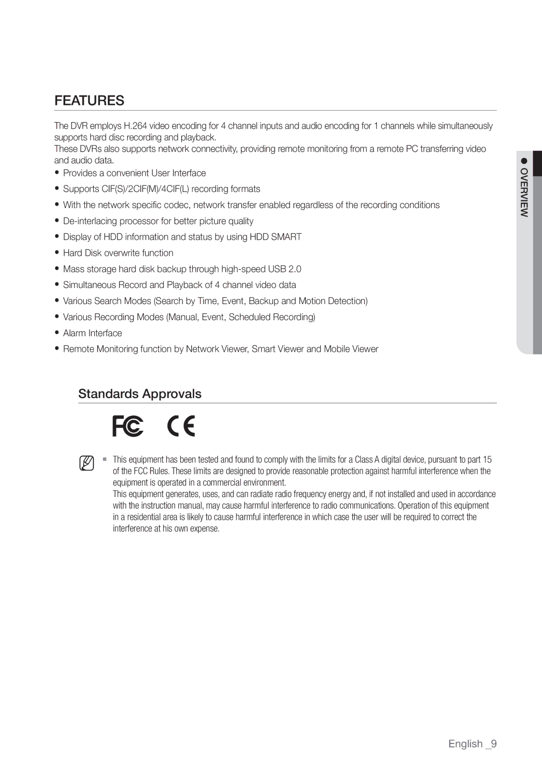 Samsung SDR3100 user manual Features, Standards Approvals 