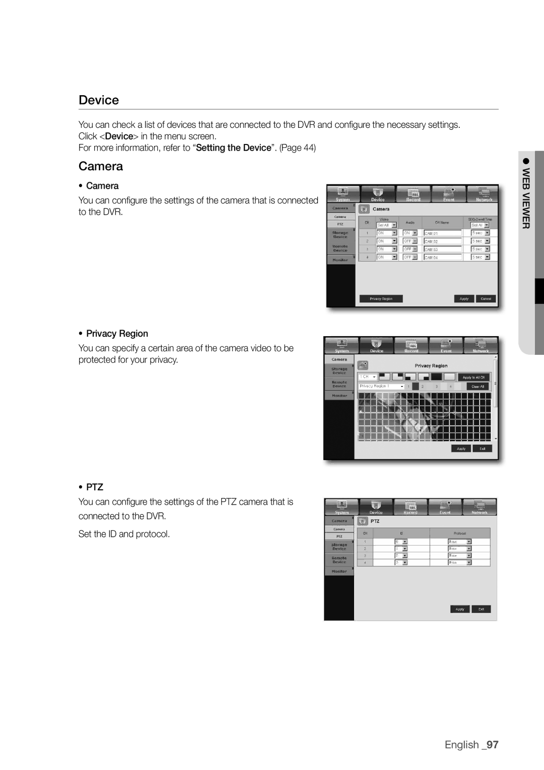 Samsung SDR3100 user manual Device, Camera 