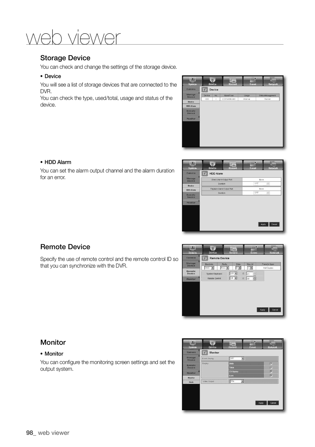 Samsung SDR3100 user manual Storage device, Remote device, Monitor 