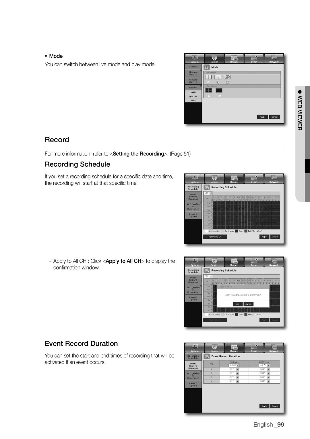 Samsung SDR3100 Recording Schedule, Event record duration, Mode You can switch between live mode and play mode 