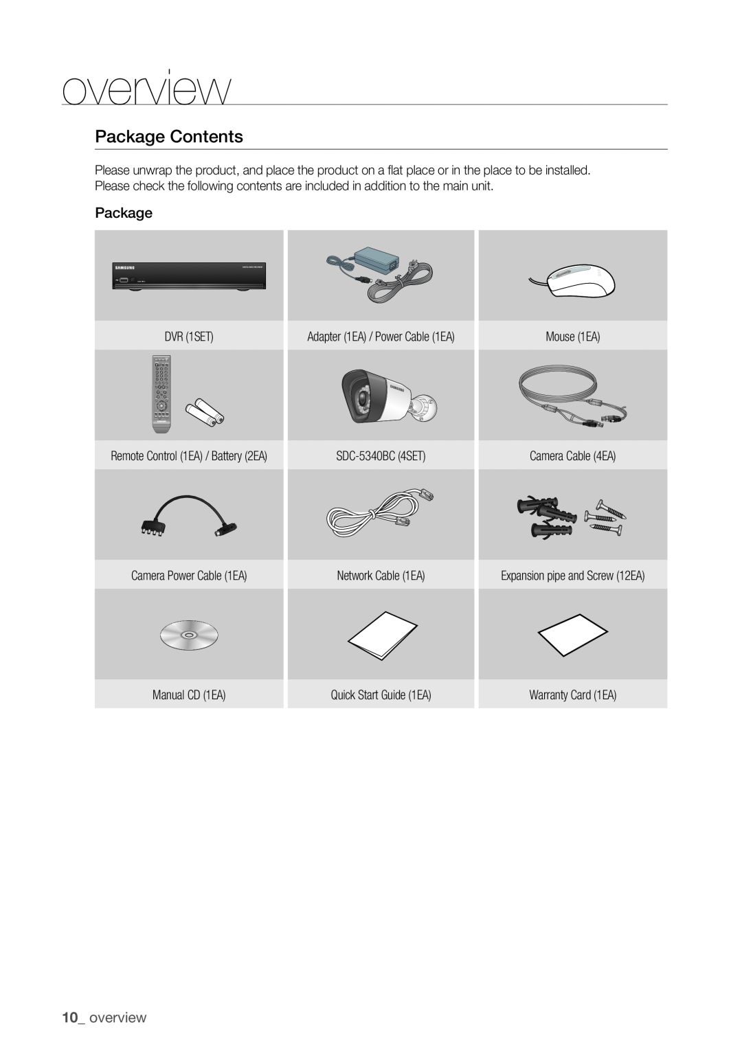 Samsung SDR3100 user manual package Contents, 10_ overview 