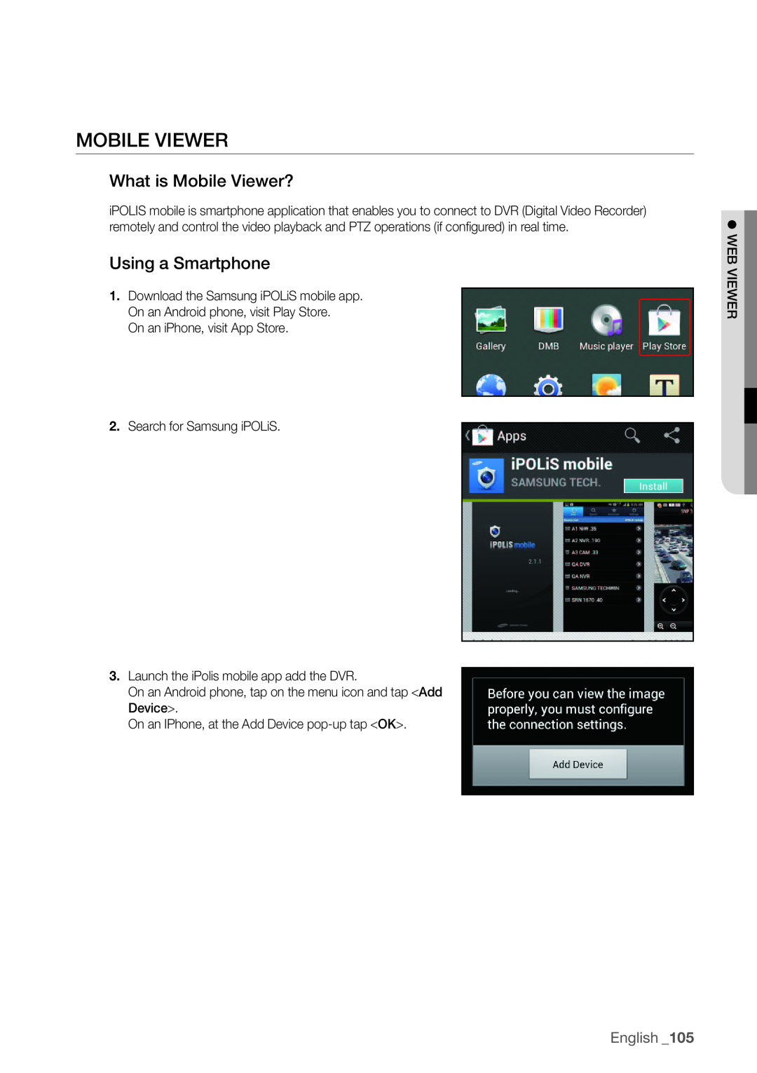 Samsung SDR3100 user manual What is Mobile Viewer?, Using a Smartphone, English _105 