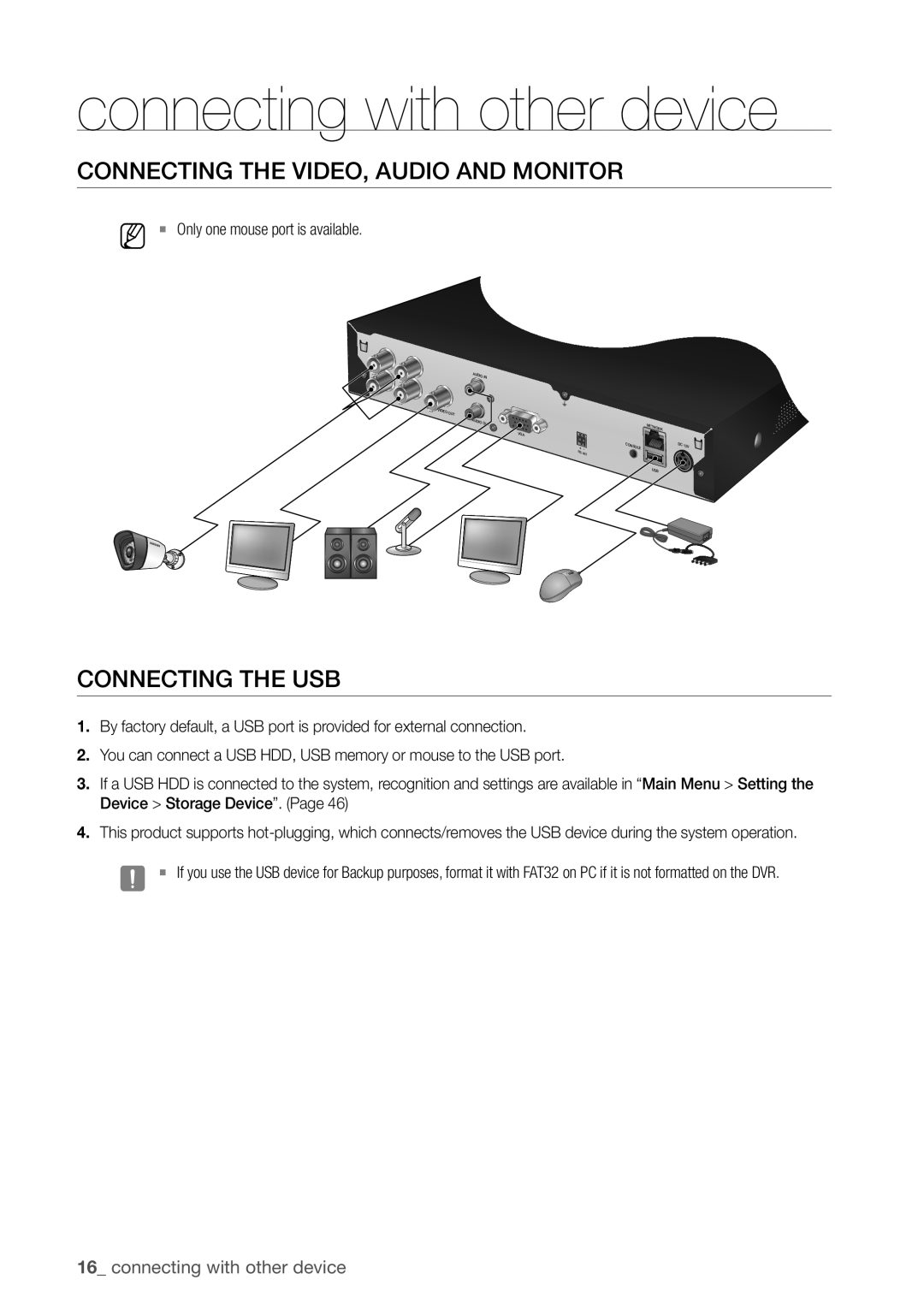 Samsung SDR3100 user manual ConneCTinG The video, Audio And moniTor, ConneCTinG The uSB, 16_ connecting with other device 