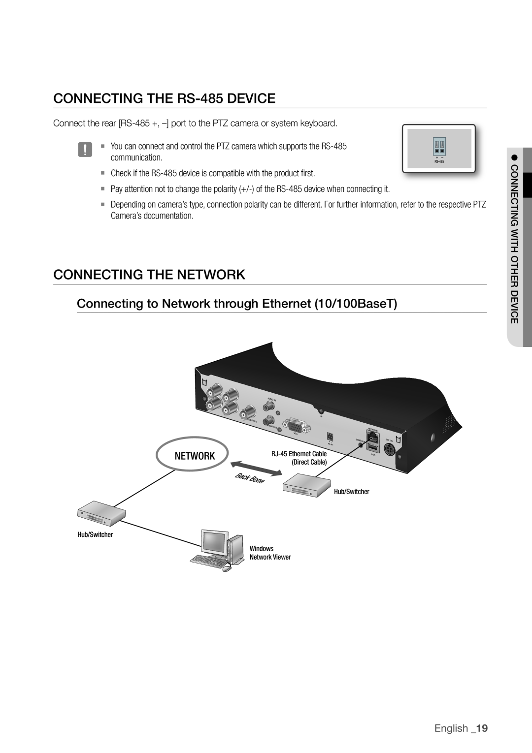 Samsung SDR3100 user manual ConneCTinG The rS-485deviCe, ConneCTinG The neTworK, English _19 