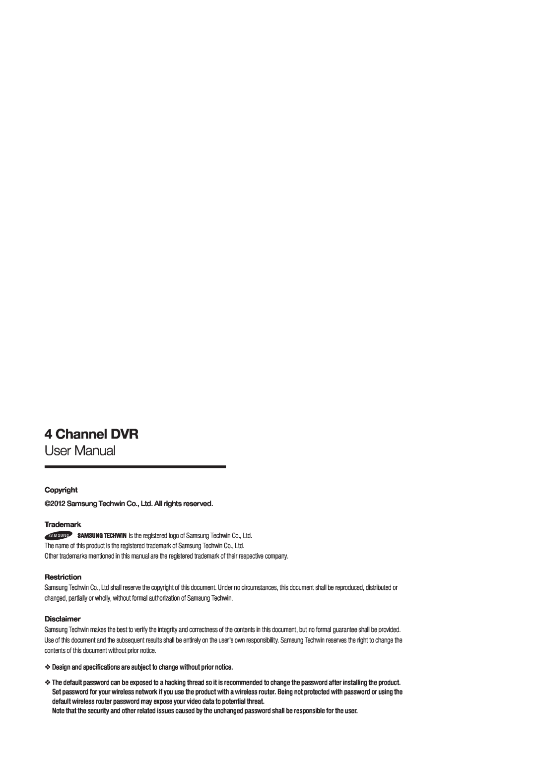 Samsung SDR3100 user manual Channel DVR, User Manual, Copyright, Trademark, Restriction, Disclaimer 