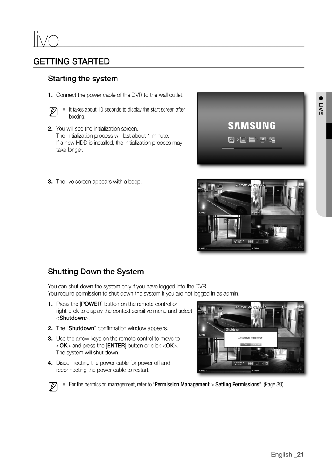 Samsung SDR3100 user manual live, GeTTinG STArTed, Starting the system, Shutting down the System, English _21 