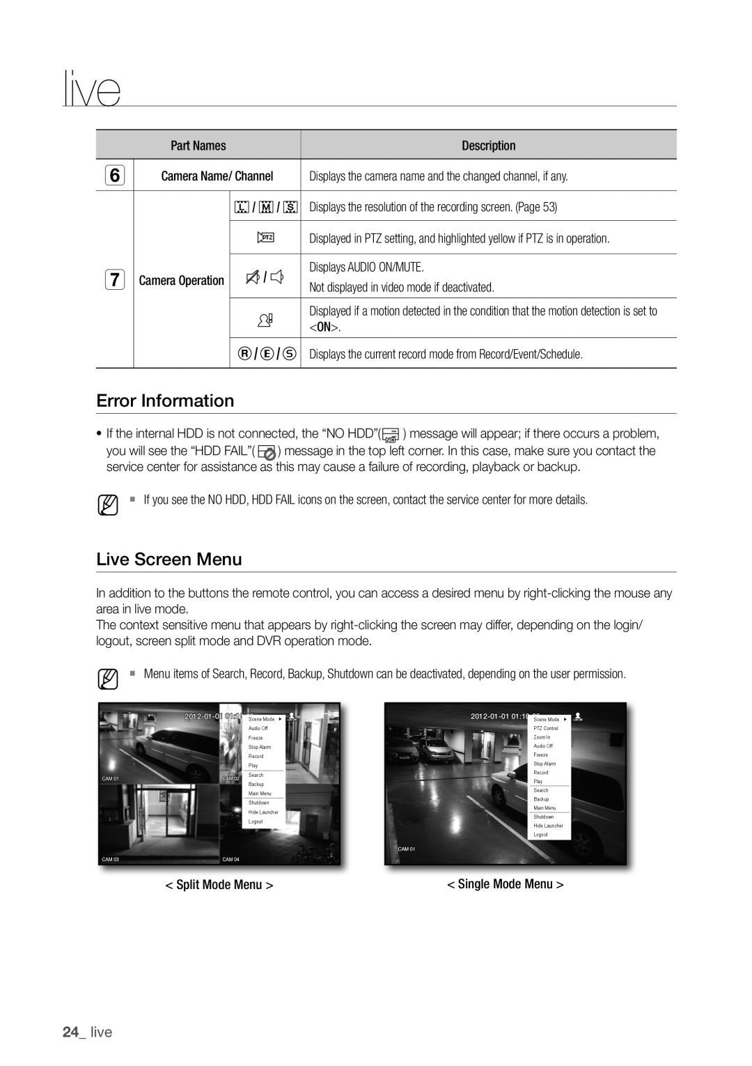 Samsung SDR3100 user manual error information, Live Screen menu, live 