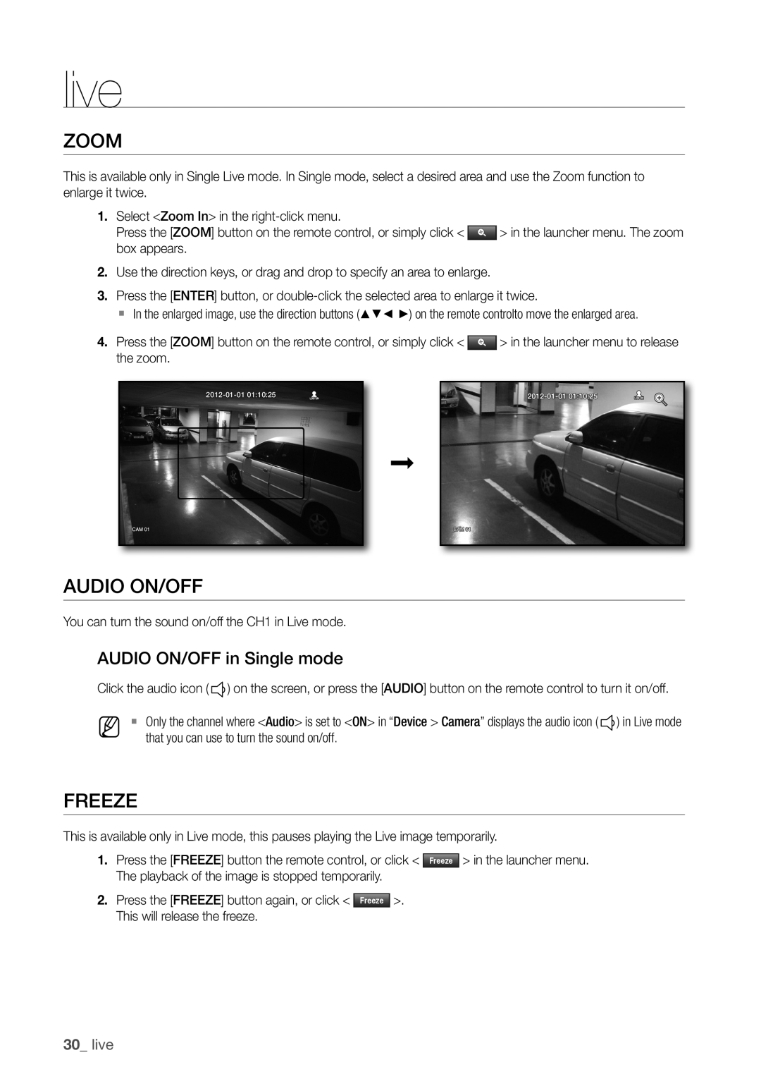 Samsung SDR3100 user manual Zoom, freeZe, Audio on/off in Single mode, 30_ live 