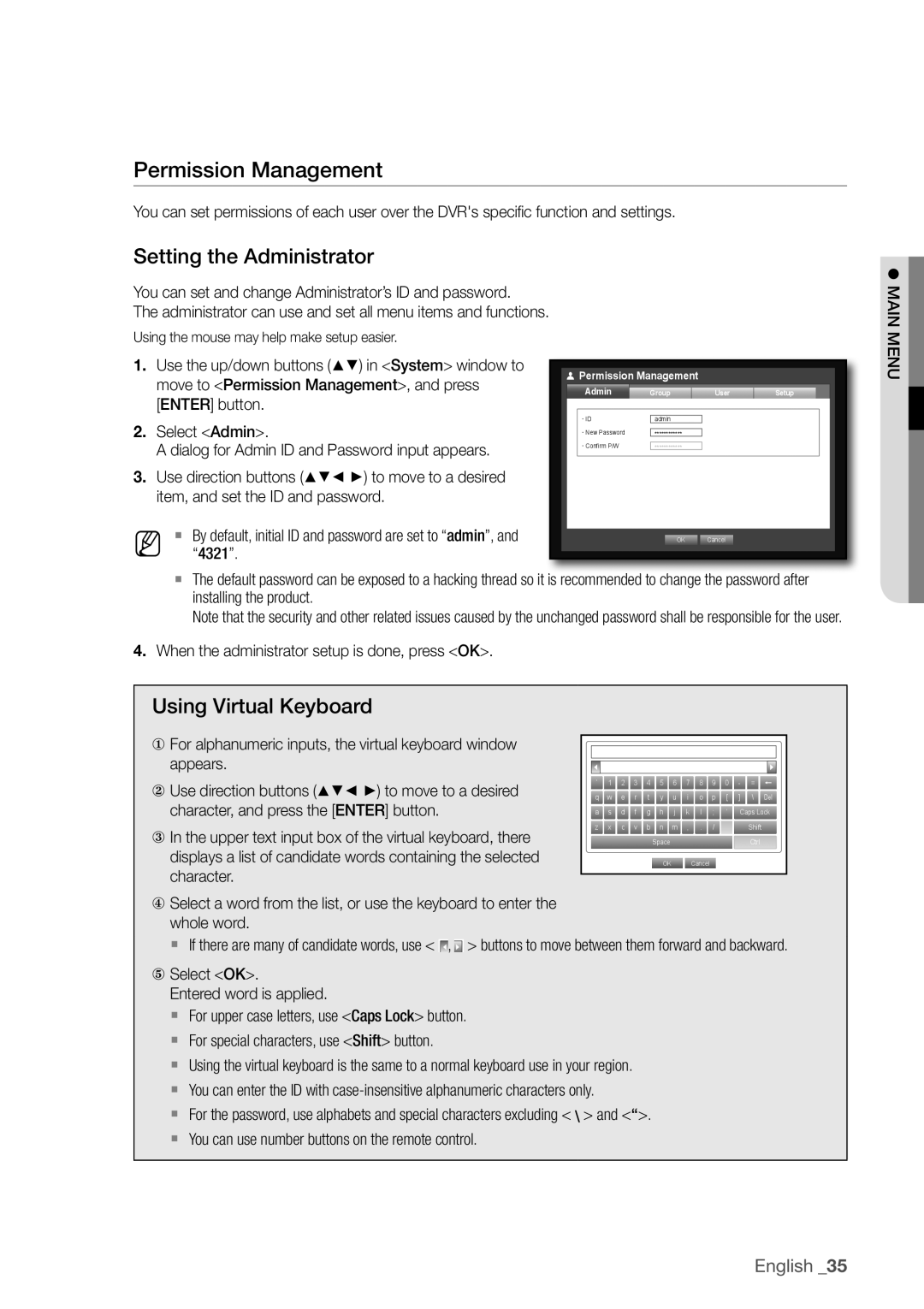 Samsung SDR3100 Permission management, Setting the administrator, English, using Virtual Keyboard, appears, character 