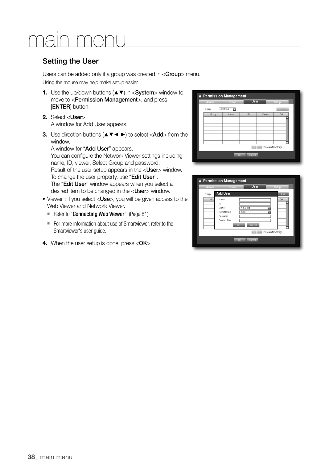 Samsung SDR3100 user manual Setting the user, 38_ main menu 