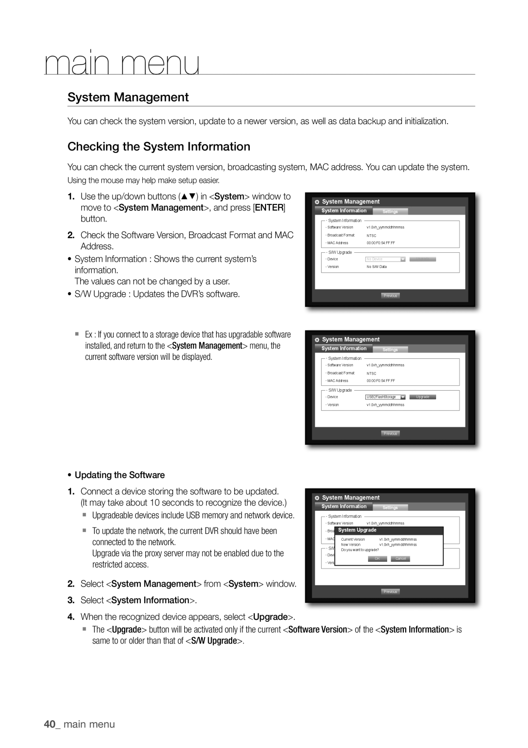Samsung SDR3100 user manual System management, Checking the System information, main menu 