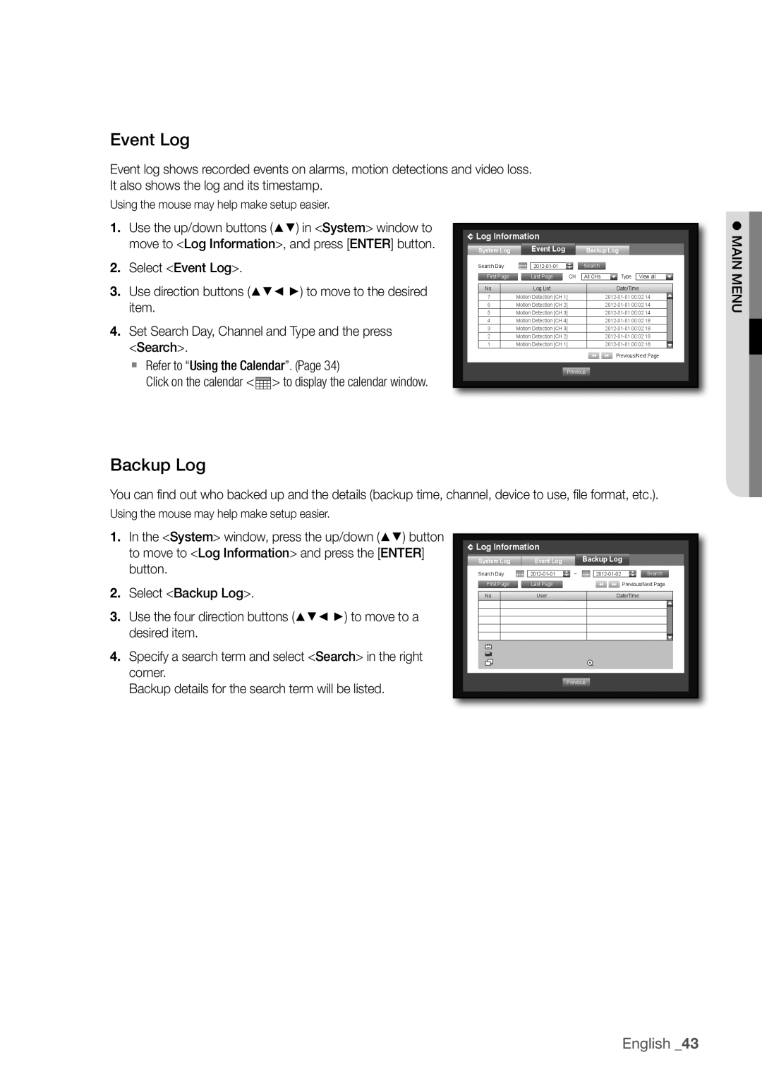 Samsung SDR3100 user manual event Log, Backup Log, English _43 