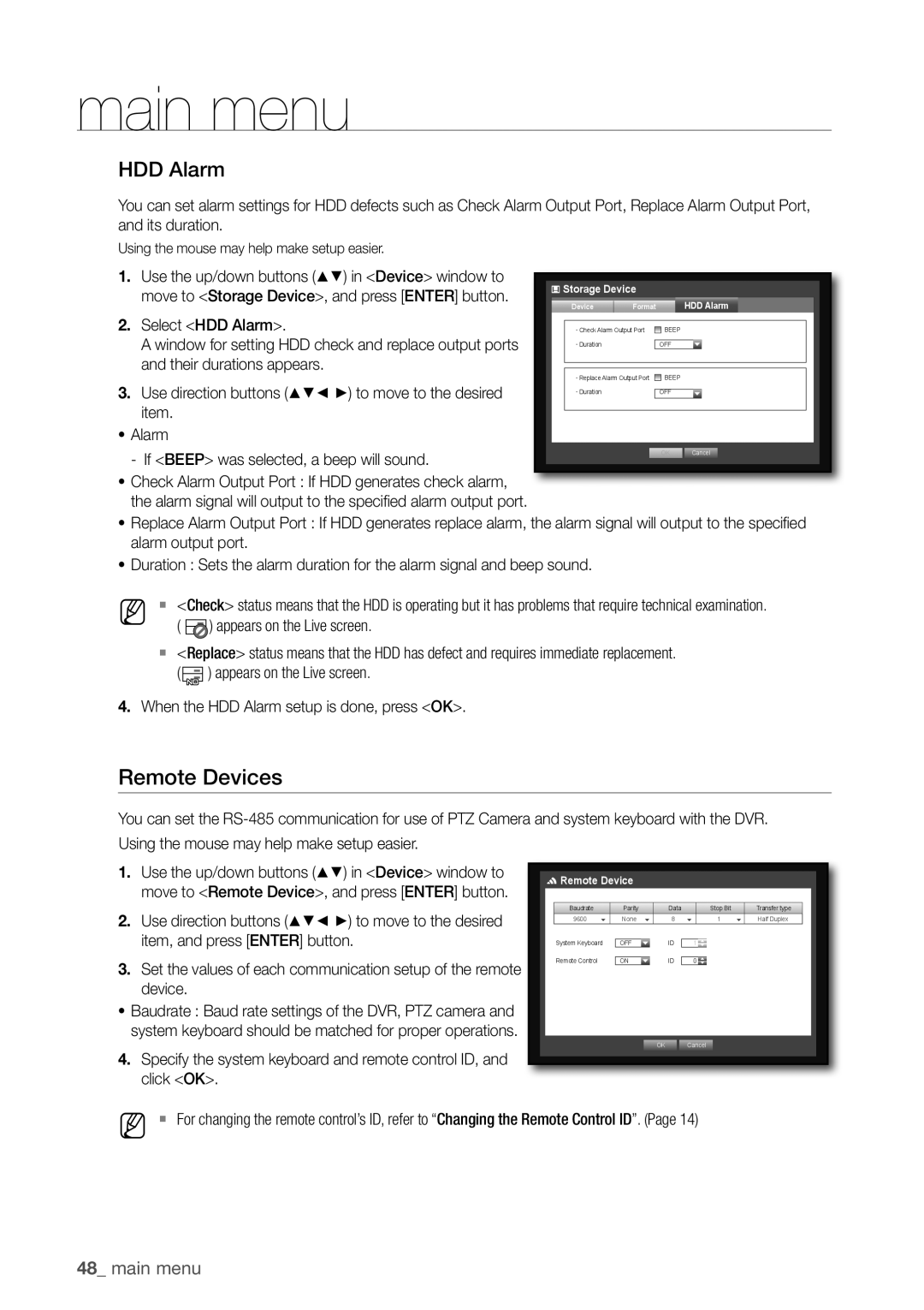Samsung SDR3100 user manual Remote Devices, HDD alarm, 48_ main menu 