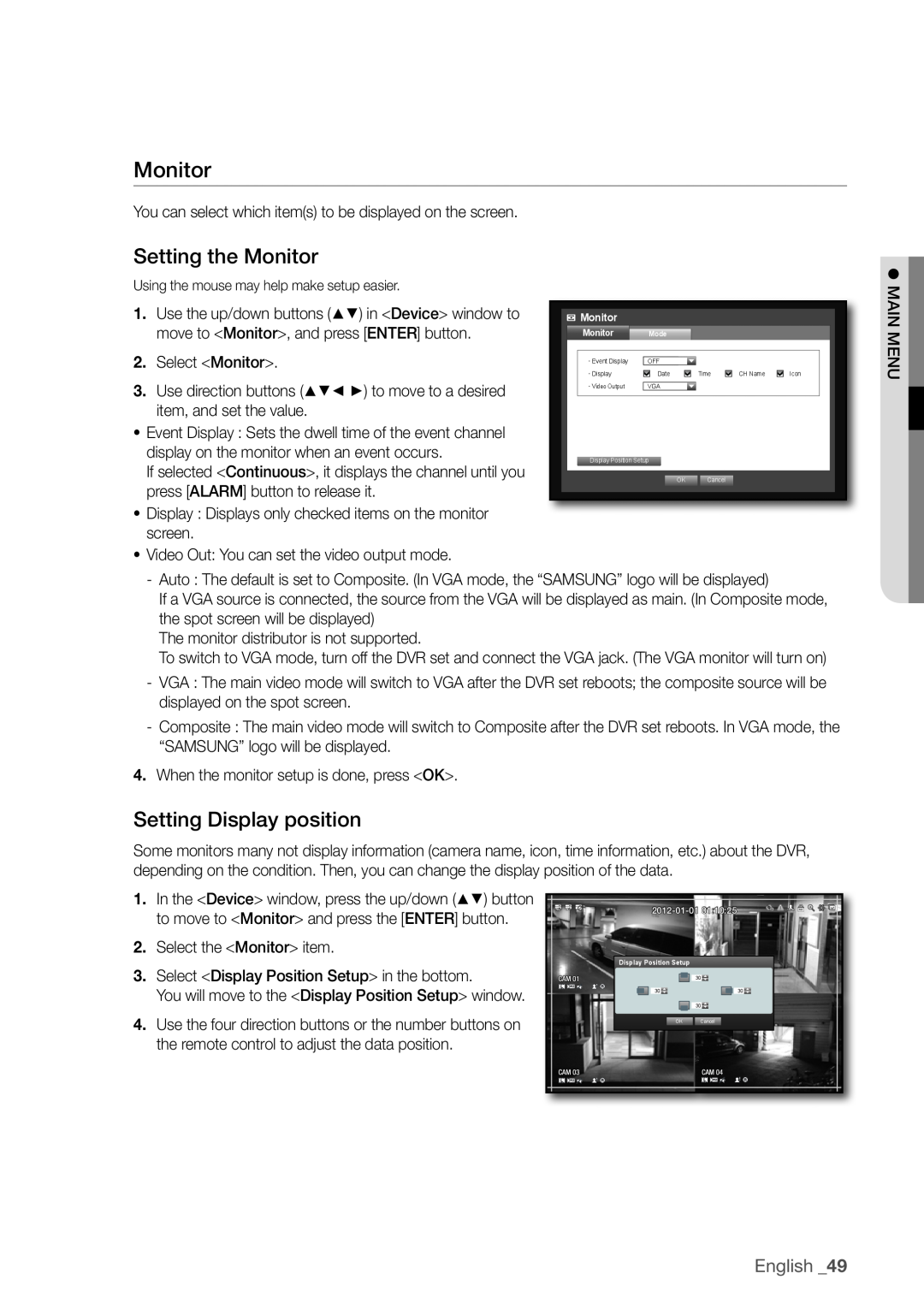 Samsung SDR3100 user manual Setting the monitor, Setting Display position, English _49 