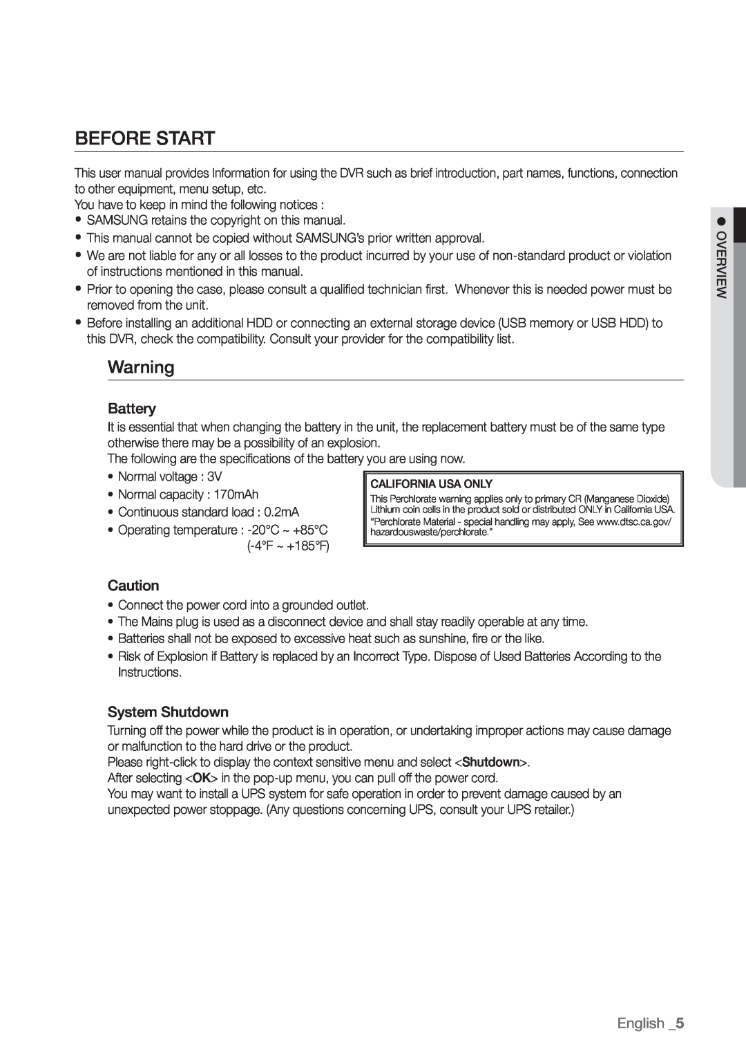 Samsung SDR3100 user manual Before Start, Battery, System Shutdown, English _5 