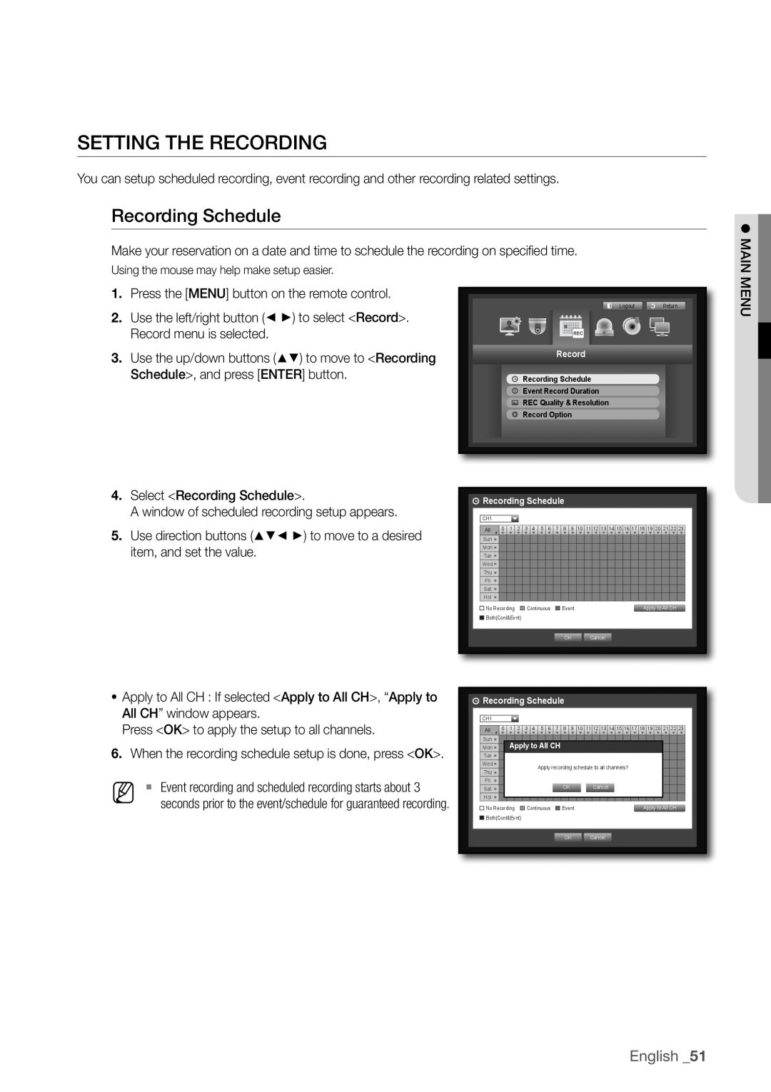 Samsung SDR3100 user manual SeTTinG THe ReCORDinG, Recording Schedule, English _51 