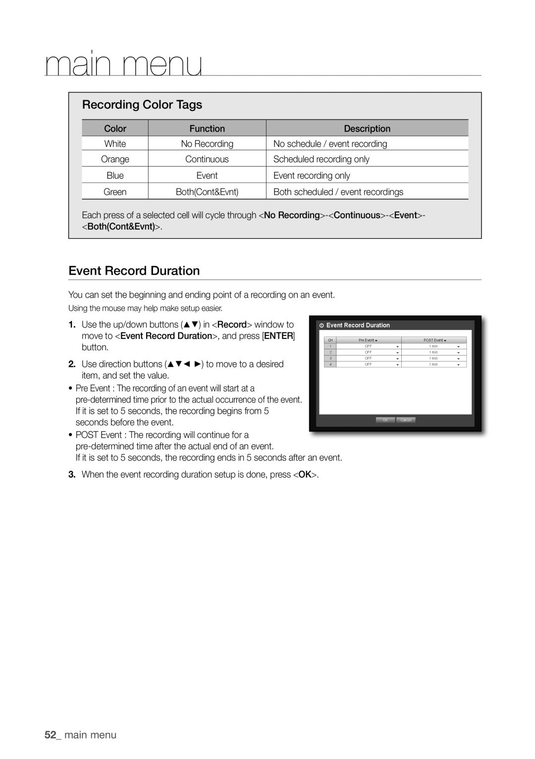 Samsung SDR3100 user manual event Record Duration, Recording Color Tags, 52_ main menu, in <Record> window to, button 