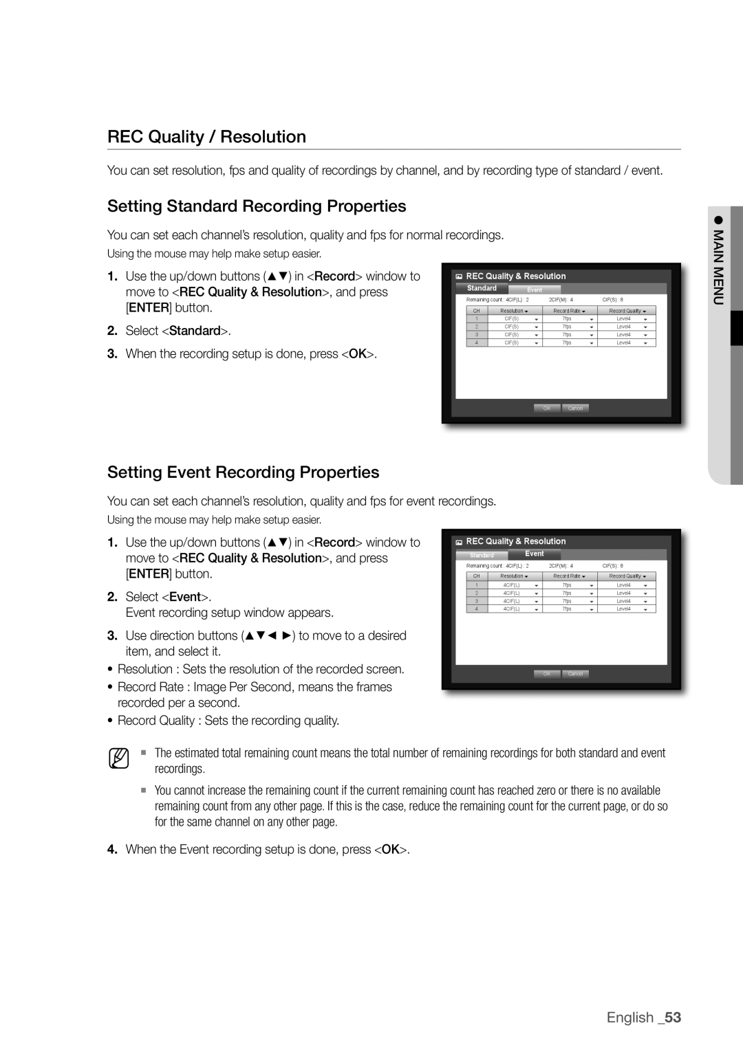 Samsung SDR3100 ReC Quality / Resolution, Setting Standard Recording Properties, Setting event Recording Properties 