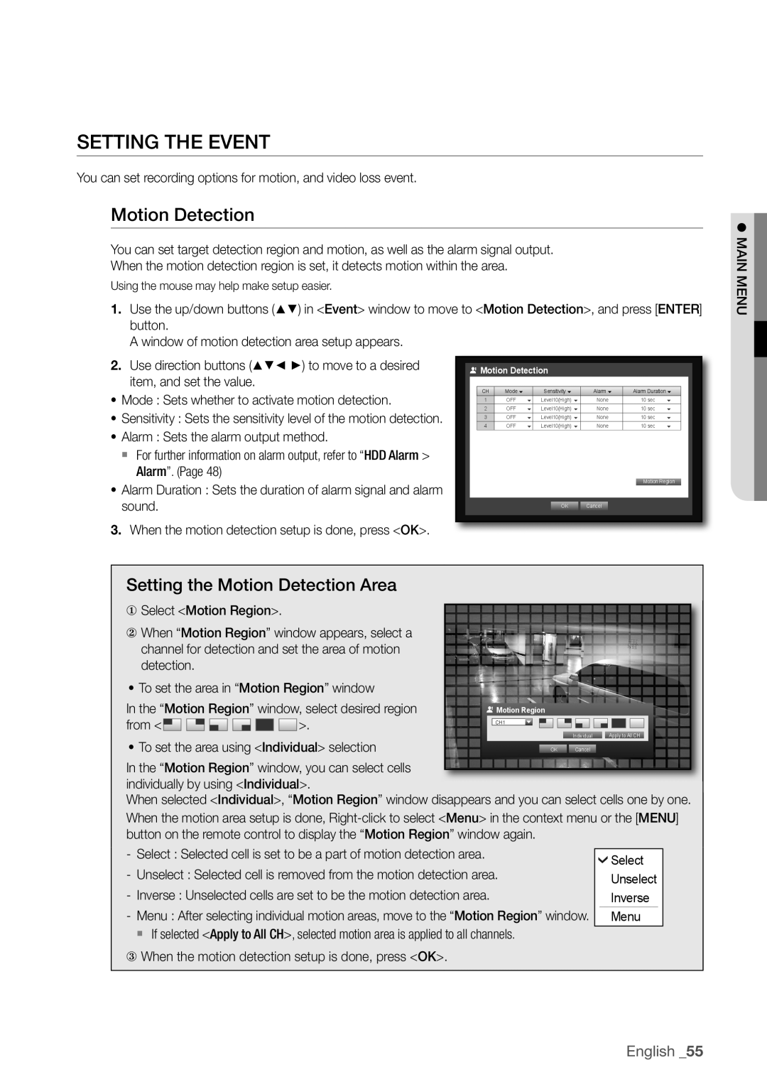 Samsung SDR3100 user manual SeTTinG THe eVenT, Setting the motion Detection area, English _55 